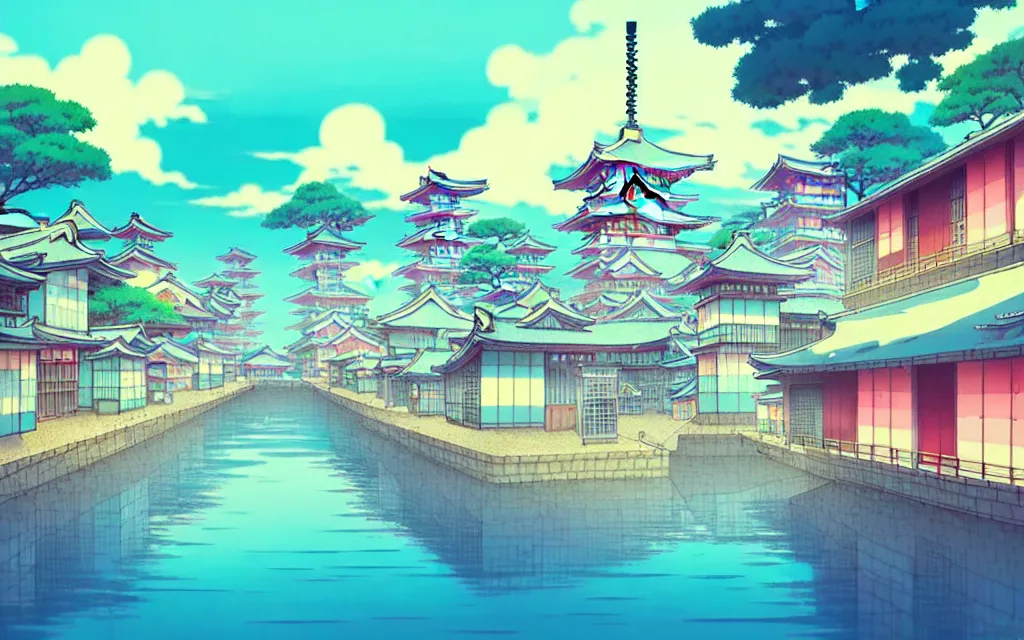 Image similar to a japanese city near the sea, lofi, dreamy, moody, very colorful, anime inspiration, ghibli vibe