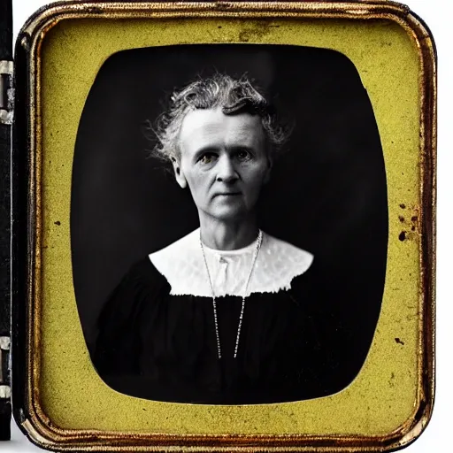 Image similar to Wet plate photography of Marie Curie wearing eerily glowing uranium jewelry