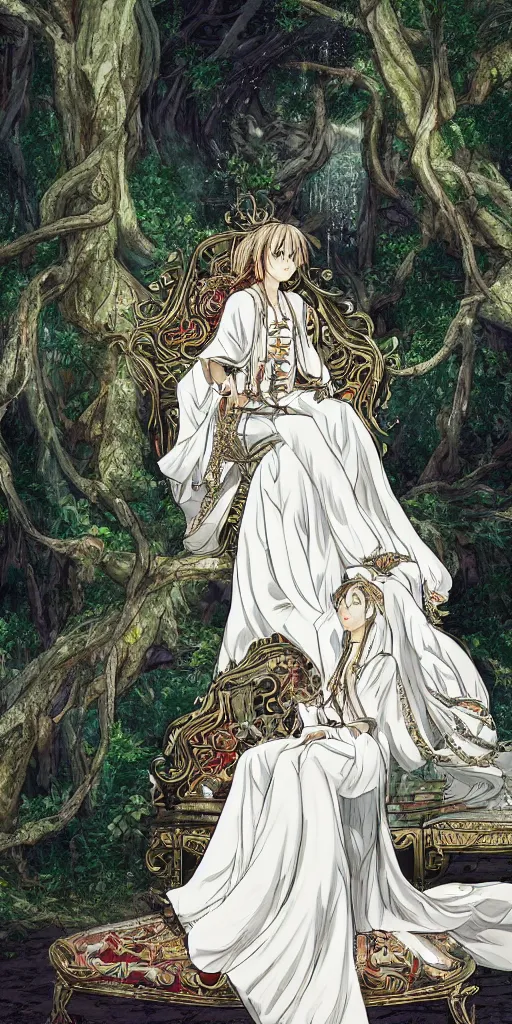 Image similar to an highly detailed magical empress sitting by herself on a sofa in a forest wearing a white robe drawn by cloverworks studio, elegant, beauty, tarot card, Tarot card the empress