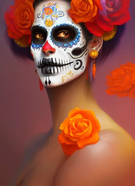 Image similar to portrait of dia de muertos, extremely detailed digital painting, in the style of fenghua zhong and ruan jia and jeremy lipking and peter mohrbacher, mystical colors, rim light, beautiful lighting, 8 k, stunning scene, raytracing, octane, trending on artstation