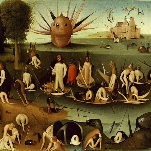 Prompt: group of flippers, half men half fish, stranded on the shore of the lake, large composition, in the style of hieronymus bosch