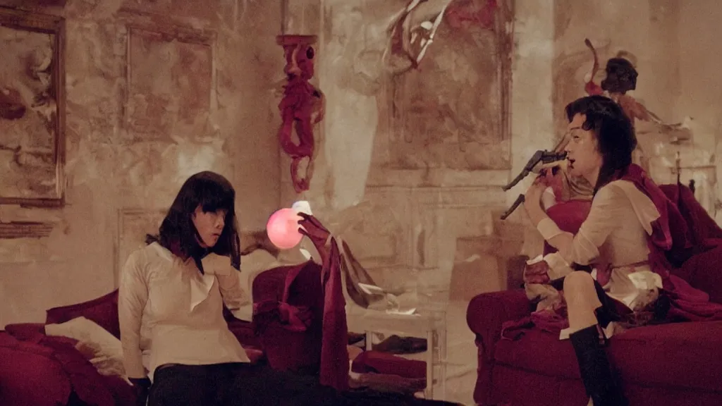 Image similar to Cherry on Cherry violence in a living room, film still from the movie directed by Denis Villeneuve with art direction by Salvador Dalí, wide lens