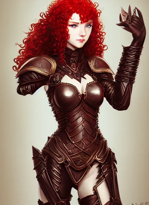 Image similar to leather armor!!! beautiful and elegant curly red hair female elf!! gorgeous ayes!! character concept art, sharp focus, octane render! unreal engine 5! highly rendered!! trending on artstation!! detailed linework!! illustration by artgerm, wlop, and chie yoshii