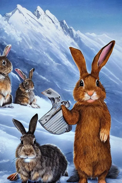 Image similar to rabbits with chainsaws on the snowy mountains. realist. high detail