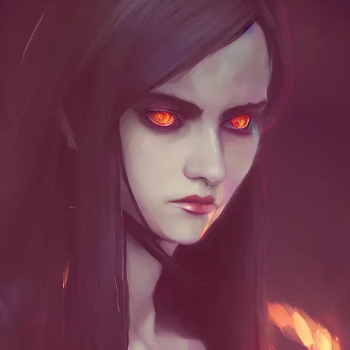 Image similar to female human vampire witch in the style of greg rutkowski, makoto shinkai, trending on artstation, character design, concept art, pretty face, highly detailed, long black hair, portrait, digital art