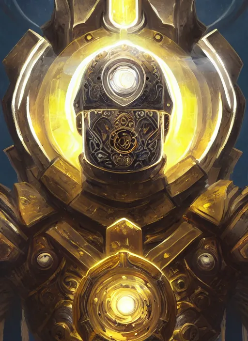 Image similar to full body, attack position abstract portrait of a intricate ornate holy mechanical warforged with circular glowing eye, character in yellow armor holding a paladin engraved great longsword drawn and carrying a big paladin shield, vertically flat head, face in focus, epic , trending on ArtStation, masterpiece, cinematic lighting, by Ross Tran and by Greg Rutkowski