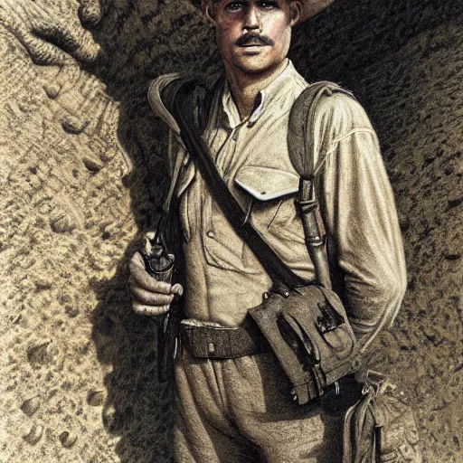 Image similar to a detailed photorealistic sepia - toned color portrait painting of a 1 9 1 7 worried clean - shaven british lieutenant in detailed field gear wearing a finely - detailed pith helmet in wadi rum, ultra realistic, intricate details, lovecraft, atmospheric, dark, horror, brooding, highly detailed, by clyde caldwell