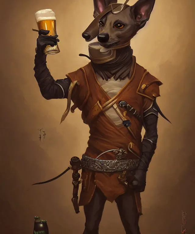 Image similar to a portrait of an anthropomorphic ninja greyhound drinking a beer, standing in a restaurant, cute and adorable, dnd character art portrait, well rendered matte fantasy painting, deviantart artstation, by jason felix by steve argyle by tyler jacobson by peter mohrbacher, cinematic lighting