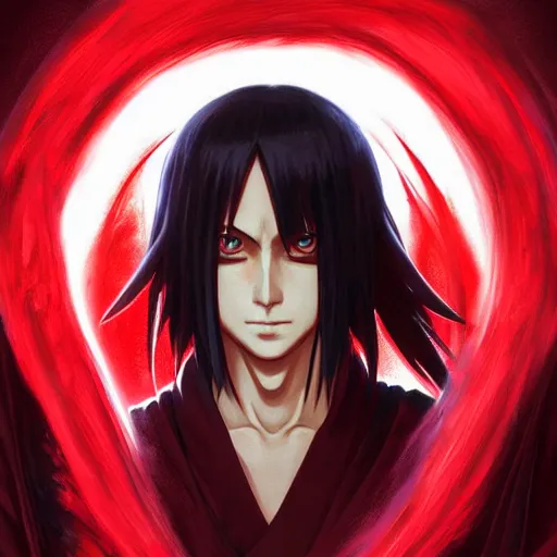 Image similar to itachi uchiha, red glowing eyes, intricate, elegant, highly detailed, digital painting, artstation, concept art, smooth, sharp focus, illustration, art by artgerm and greg rutkowski and alphonse mucha