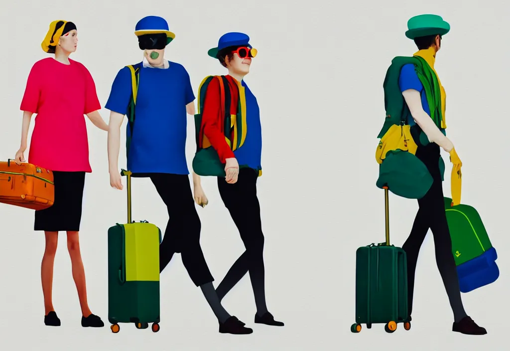 Prompt: full body portrait of a duo of european tourists travel apparel, various poses walking and carrying luggage, character designs painting, in the style of wes anderson, rene magritte, lola dupre, david hockney, isolated on white background, dark monochrome neon spraypaint accents octane render with geometry