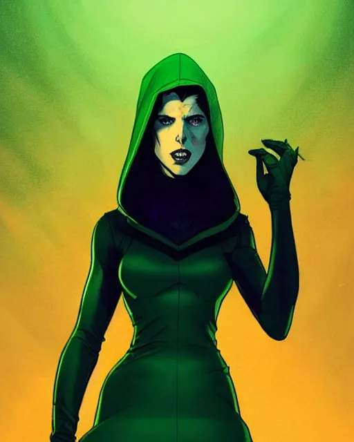 Prompt: Rafeal Albuquerque comic art, Joshua Middleton comic art, cinematics lighting, beautiful Anna Kendrick supervillain, green dress with a black hood, yellow eyes, angry, symmetrical face, full body, flying in the air, night time, red mood in background