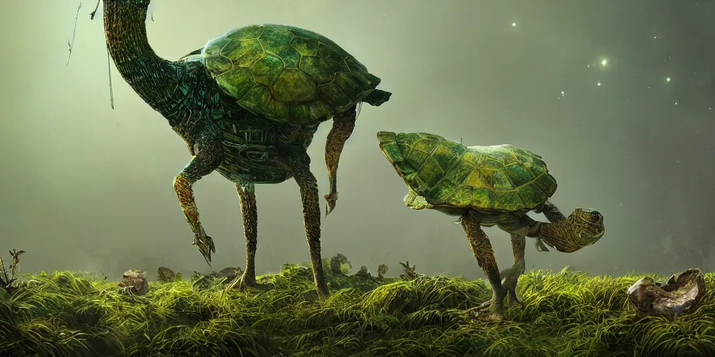 Prompt: a bird turtle giraffe mushroom jelly machine hybrid creature monster with metal scales feathers fur moss spines knobs, rich diverse lush alien world, fantasy, science fiction, dramatic lighting, in the style of national geographic, ken barthelmey, patrick woodroffe, illustration, octane render