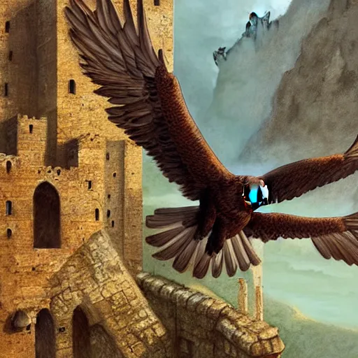 Image similar to an eagle soaring over the fortress of Masyaf by Marc Simonetti, 4K ultra-HD, very detailed