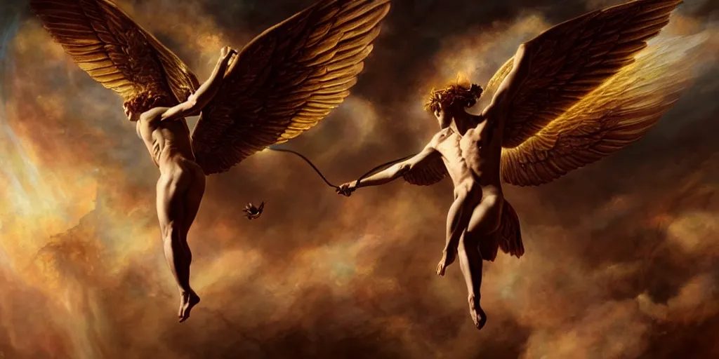 Image similar to Icarus trying to catch the golden snitch, by Rolf Armstrong and Evelyn De Morgan and Bastien Lecouffe-Deharme, dramatic lighting, high contrast colors, baroque, empyrean, panoramic view, as trending on Artstation, highly detailed, doom engine,