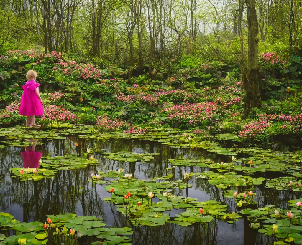 Image similar to a hobbit girl backlit carrying flowers near a mirror like pond, by martin parr, colorful clothing, springtime flowers and foliage in full bloom, lotus flowers on the water, dark foggy forest background, sunlight filtering through the trees, 3 5 mm photography