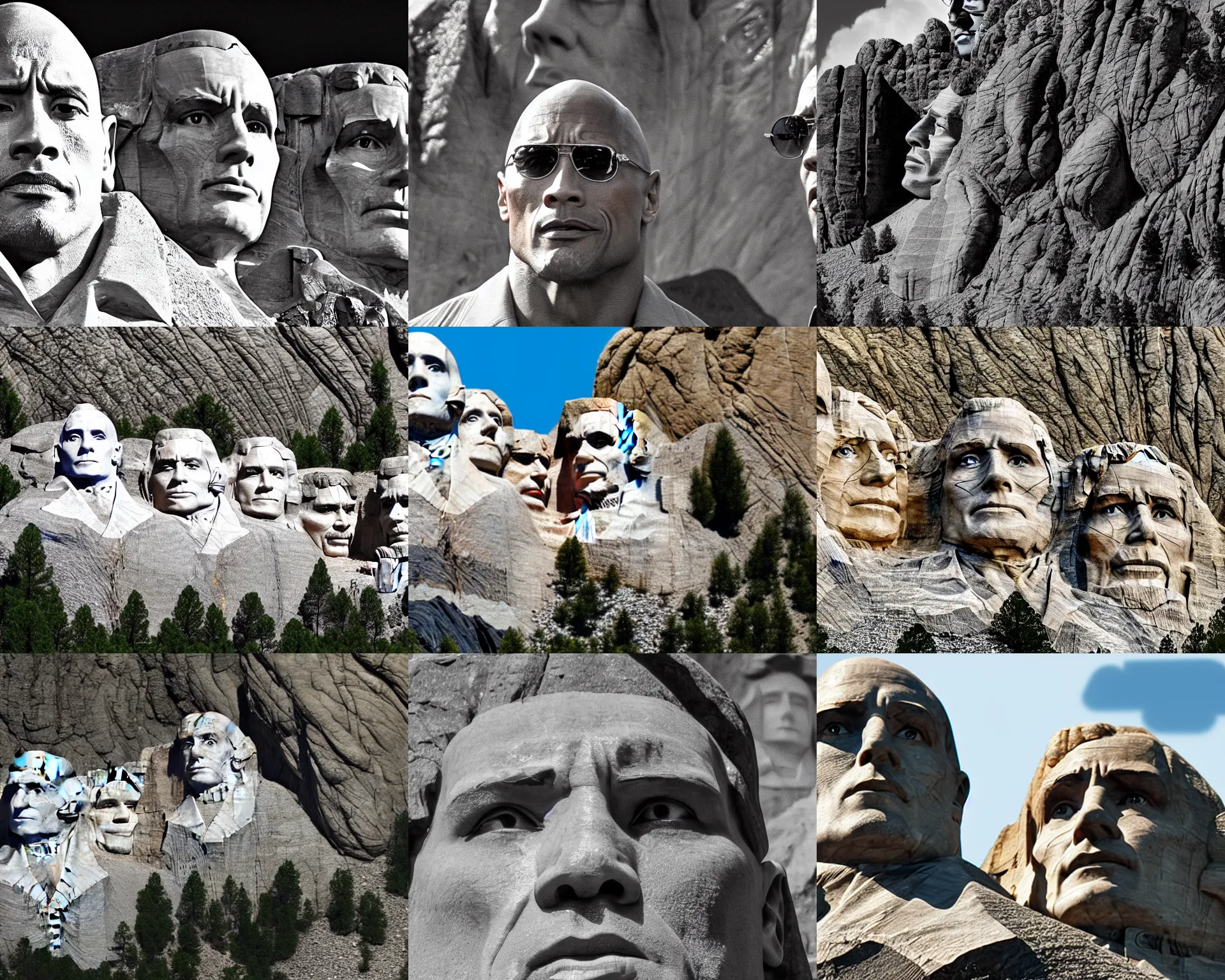 Prompt: dwayne johnson in mount rushmore, award winning photo, high detail, 8k