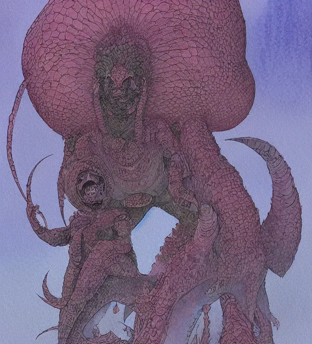 Image similar to a watercolor ink painting of a kaiju goddess of destruction hiding as a human in the style of jean giraud in the style of moebius trending on artstation deviantart pinterest detailed realistic hd 8 k high resolution