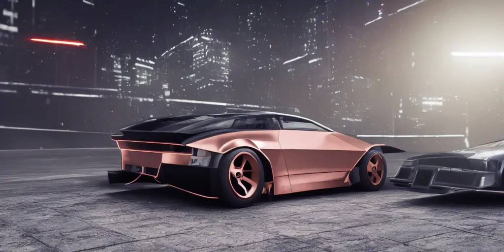 Image similar to a design of a futuristic DMC Delorian, designed by Polestar, blade runner background, back view, rose copper car paint with white line accent detailing, black windows, sportscar, black show room, dramatic lighting, hyper realistic render, depth of field.