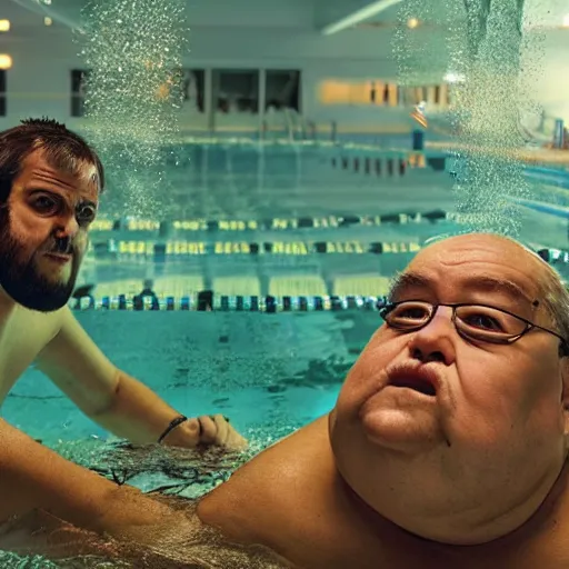 Image similar to photo, ugly old fat man and his strong handsome 5 3 8 2 8 friend hunting monsters inside a swimming pool, highly detailed, scary, volumetric lighting