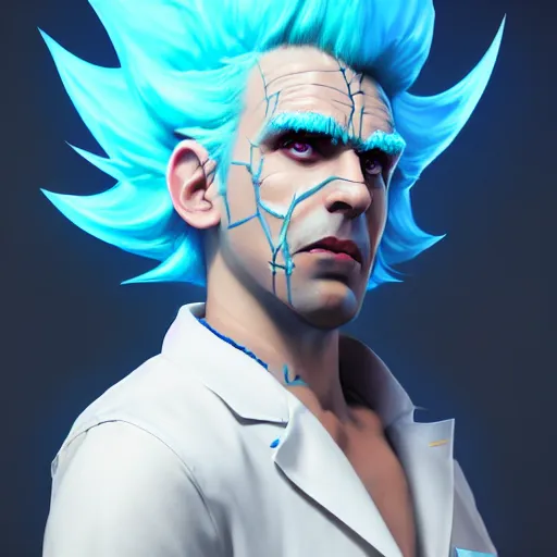 Prompt: Rick Sanchez, perfect eyes, spikey blue hair, white lab coat, full body shot, butcher, fantasy, beautiful face, medieval, vivid colors, elegant, concept art, sharp focus, digital art, Hyper-realistic, 4K, Unreal Engine, Highly Detailed, HD, Dramatic Lighting by Brom, trending on Artstation