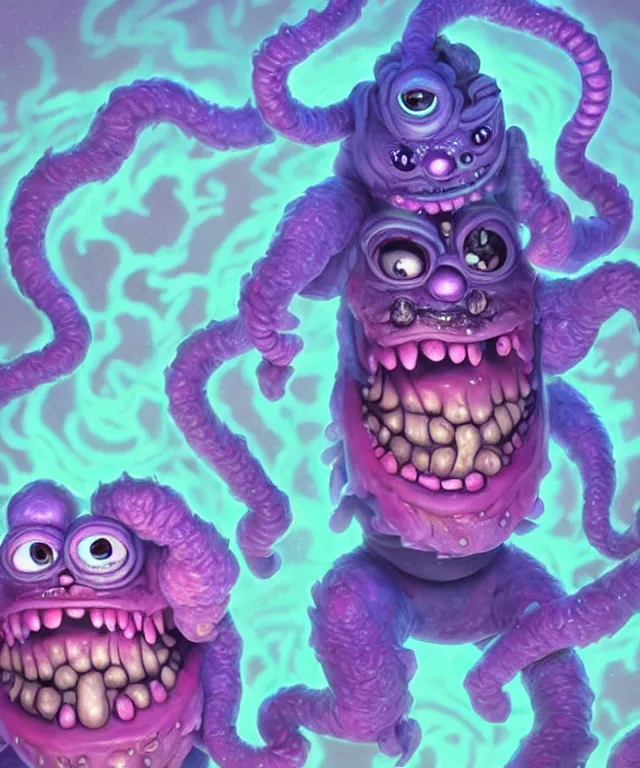 Image similar to a two headed xanathar made of bioluminescence in the art style of monsters inc, crisp 8 k line art, digital painting, artstation, unreal engine, octane render, emissive lighting, concept art, matte, sharp focus, hyper realistic lighting, illustration, deep royal blue and pink color scheme, art by junto ito and shintaro kago