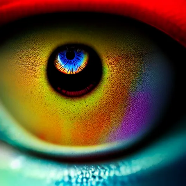 Image similar to a close up view of a colorful eye, a macro photograph, featured on cg society, macro lens, ultra detailed, macro photography, atmospheric lighting, intricate, volumetric lighting, beautiful, sharp focus, in the art style of marc simonetti, bowater charlie and brom gerald, astrophotography