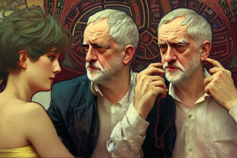 Image similar to jeremy corbyn, nier autoamata, highly detailed painting by ilya kuvshinov, alphonse mucha, gaston bussiere, craig mullins, j. c. leyendecker 8 k