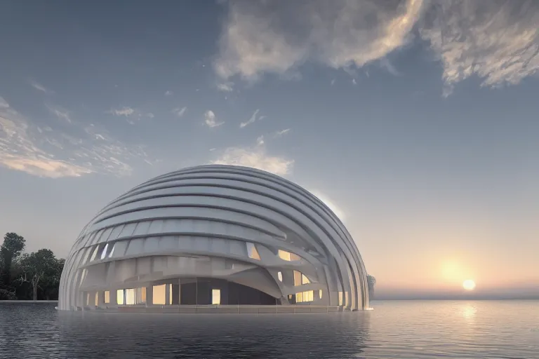 Image similar to a building formed by the combination of many white spherical and egg shaped circular spaces. on the calm lake, people's perspective modern curved architecture, future, wood, marble, metal award winning, highly detailed 4 k art, dusk, unreal engine highly rendered, global illumination, radial light, internal environment by kazuyo sejima