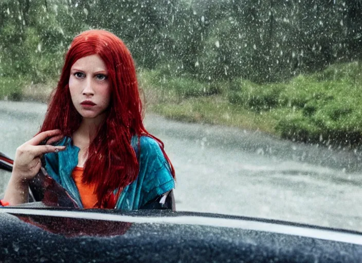 Image similar to A very high resolution image from a new movie, landscape from a car window , teen red hair woman, raining, hot, directed by wes anderson