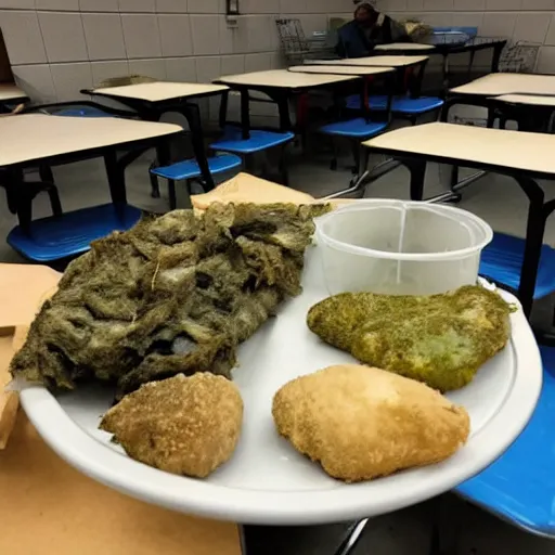 Prompt: moldy disgusting school food,