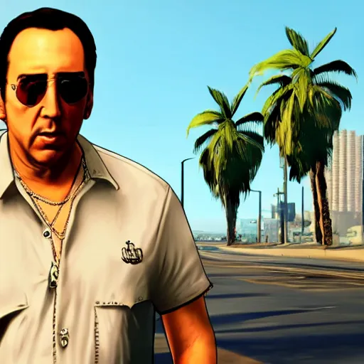 Prompt: Nicholas Cage in GTA V . Los Santos in the background, palm trees. In the art style of Stephen Bliss