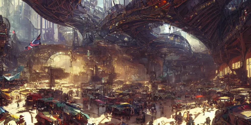 Prompt: a vibrant lively joyous marketplace on the edge of space, in a massive cavernous iron city, dappled light, tudor architecture, flags, colossal arcing metal structures high in the cavernous metal interior, sci - fi, beautiful, awe inspiring, by james gurney, greg rutkowski, sparth, thomas kinkaide, cinematography, cinematic masterpiece