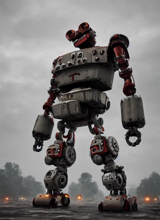 Image similar to Giant It Clown robot on a dusky land, cinematic shot, intricate, ornate, photorealistic, ultra detailed, realistic, 100mm, photography, octane, high definition, depth of field, bokeh, 8k, artstation