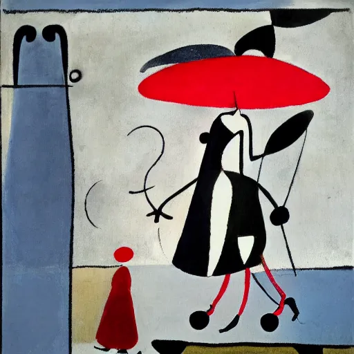 Image similar to an acryllic painting dubrovnik, on a pale background, muted palette mostly white, black, gray, dark red, dark blue, strange characters and interesting shapes, woman with parasol, figure on penny farthing, minimalistic, mixed media, in the styles of both joan miro and mark rothko