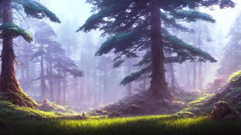 Image similar to forest clearing landscape, studio ghibli, pixar and disney animation, sharp, rendered in unreal engine 5, highly detailed, digital painting, artstation, concept art, smooth, sharp focus, illustration, wide angle, artbook, wallpaper, splash art, promo art, dramatic lighting, art by artgerm and greg rutkowski and bo chen and jin xiaodi