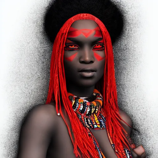 Prompt: african woman with red tribal clothes and black wings, ultra detailed, 8 k, trending on artstation, award - winning art,