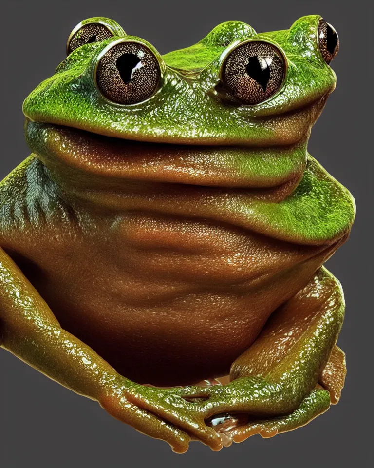 Prompt: A highly detailed portrait 3D render of a frog. ZBrush and Blender. Trending on cgsociety. Dramatic lighting. Beautiful. Colorful. By Mark Mann and Jimmy Nelson.
