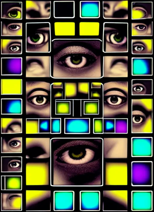 Image similar to grid montage of optica with cube shaped lens, square shaped black dilated pupils cubes, cube shaped, detailed colored textures, lashes, advanced art, art styles mix, wet reflections in square eyecubes, sunshine light, hd macro photograph, from side, various cube eyelid positions