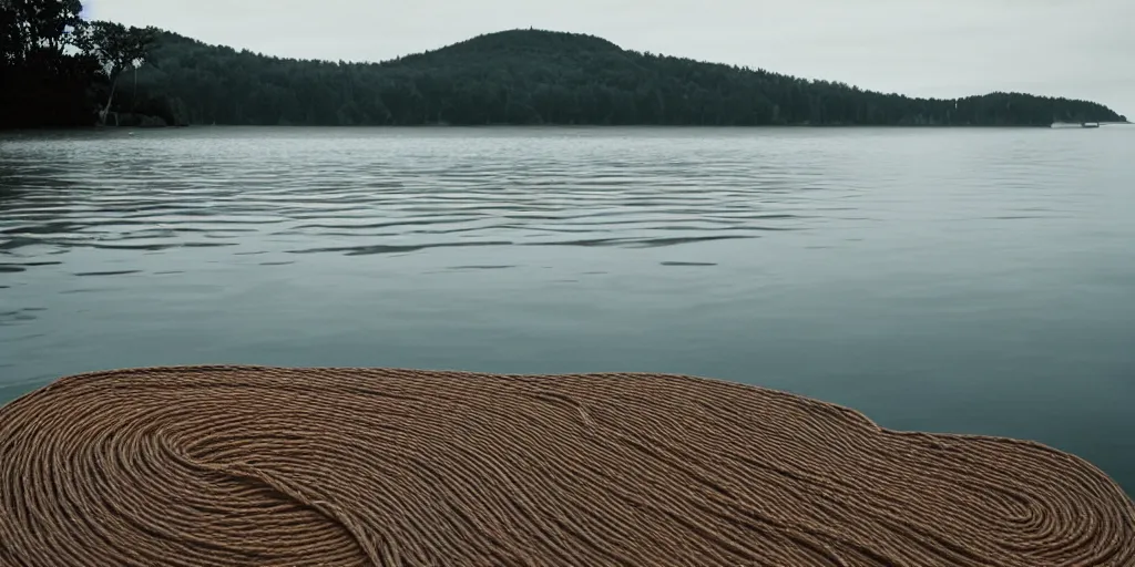 Prompt: centered photograph of a single line of thick big brown \ long rope floating on the surface stretching out to the center of the lake, a dark lake sandy shore on a cloudy day, color film, coastline trees in the background, hyper - detailed kodak color film photo, anamorphic lens