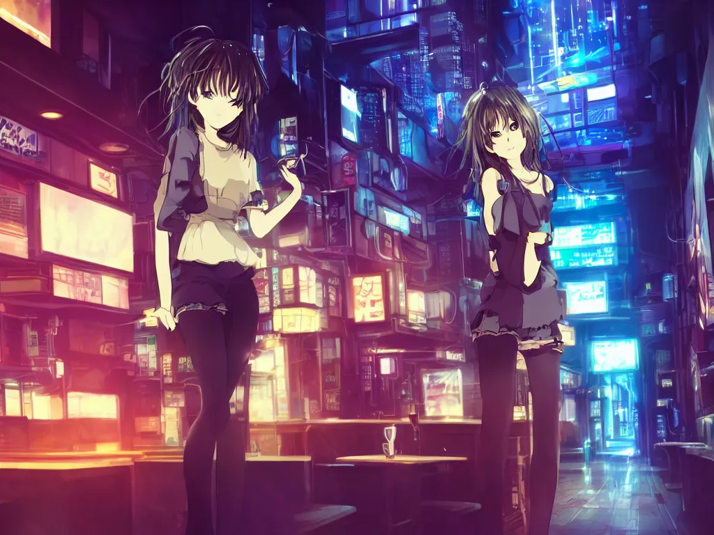 Image similar to lonely anime girl in a cyberpunk city bar at night, detailed, cute perfect face