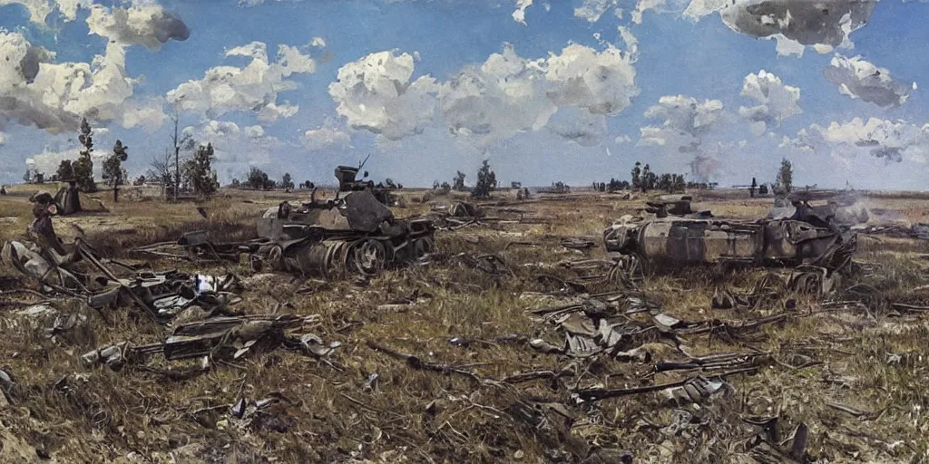 Prompt: aftermath of a battle on the Eastern Front, WW2, sunny day, painting by Isaac Levitan