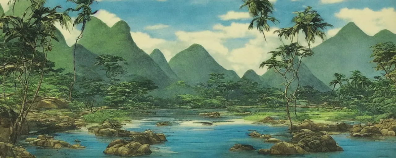 Image similar to a 2D drawing of a beautiful Philippine landscape, majestic and exotic by hiroshi yoshida