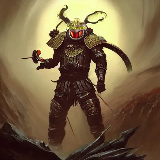 Prompt: a beautiful stunning interesting magic the gathering fantasy digital illustration of a samurai astronaut wearing a visored kabuto and armored space suit, carrying a sword on a planet with exotic and dangerous carnivorous plants, awesome and moody, by greg rutkowski and mark keathley, trending on artstation,