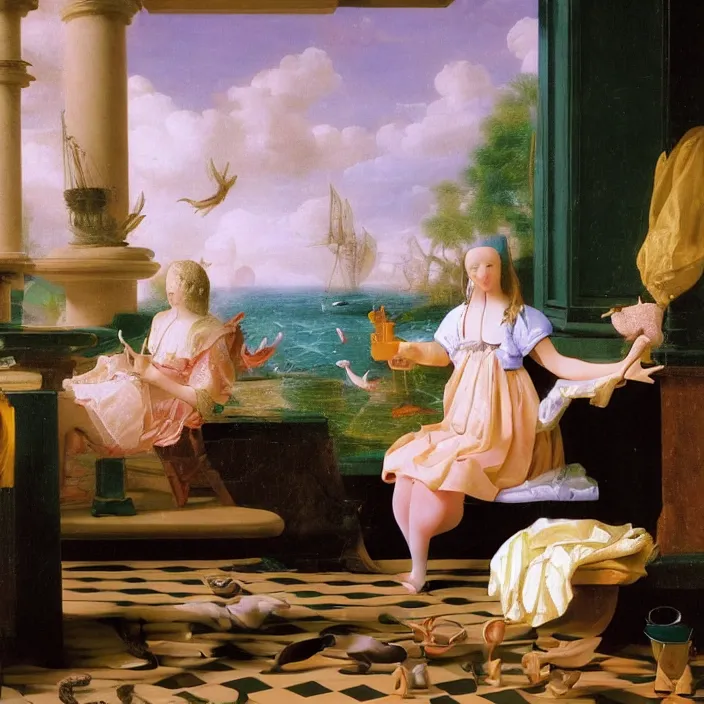 Prompt: pieter de hooch, dolphins, trending on artstation, highly detailed, vaporwave surreal ocean, dolphins, pool, checkerboard pattern underwater, cuastics, award winning masterpiece with incredible details, artstation, a surreal vaporwave vaporwave vaporwave vaporwave vaporwave painting by thomas cole of old pink marble mannequin head