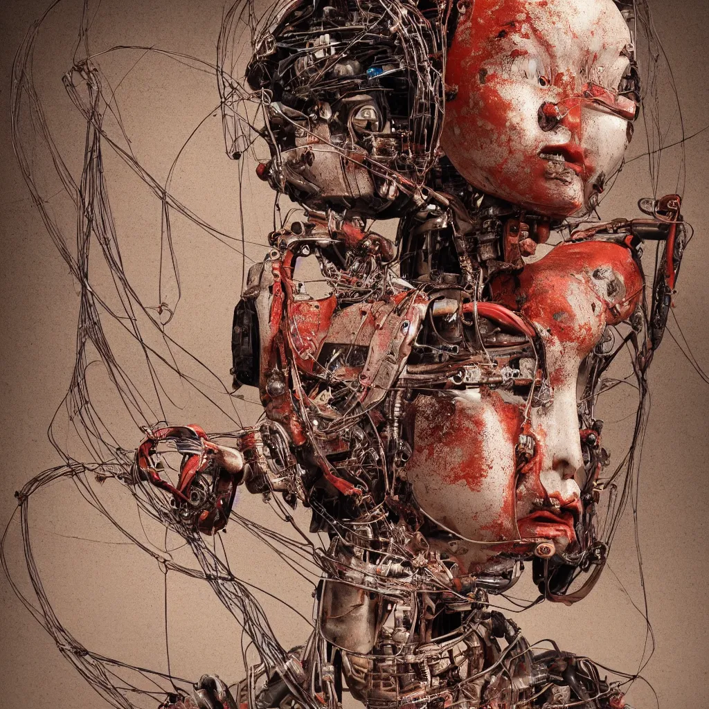Prompt: Portrait of a slightly rusty, beaten-up Japanese robotic geisha with wires and actuators, dramatic lighting, hyper-realistic, ultra-realistic, concept art, intricate details, 8K Ultra High Definition, digital art