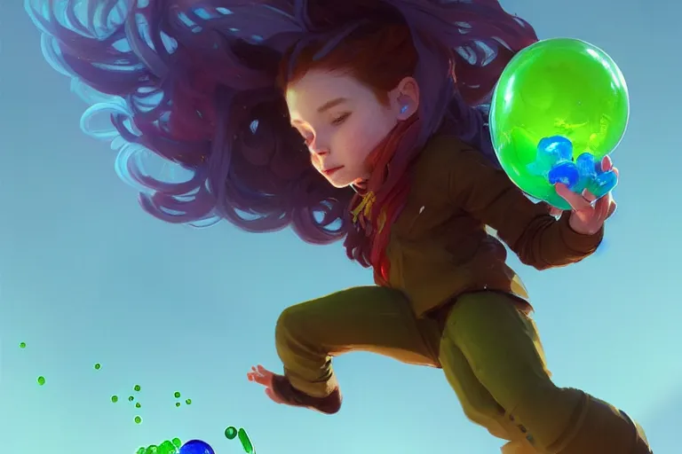 Image similar to madeline from celeste jumping to a green jelly bubble, blue bubble jacket red long hair, highly detailed, digital painting, artstation, concept art, sharp focus, illustration, art by greg rutkowski and alphonse mucha