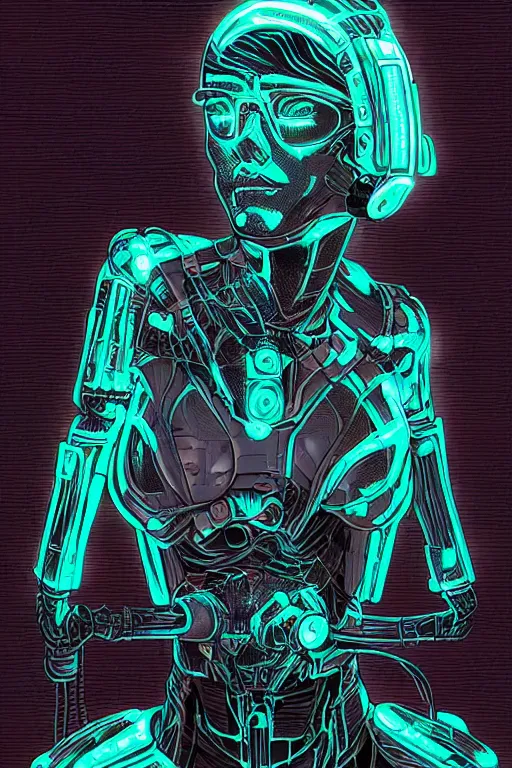 Image similar to portrait of a cyborg girl with a ribbed biomechanic armor and neon light, illustrated by Laurie Greasley and Michael Whelan , crepy ambiance, highly detailed, trending on artstation