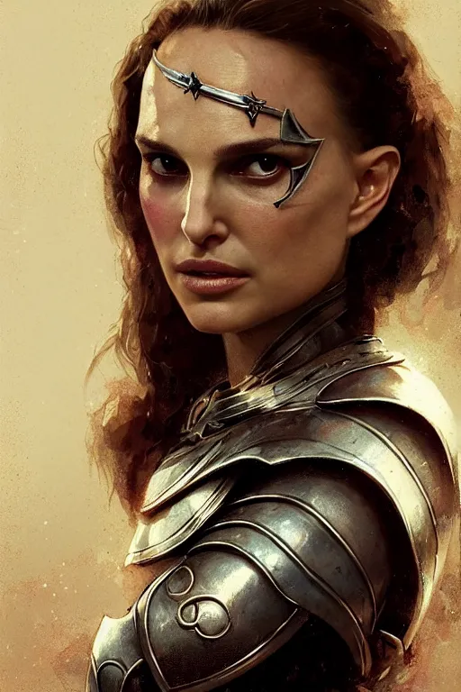 Image similar to natalie portman, legendary warrior, heroic, lord of the rings, tattoos, decorative ornaments, battle armor, by carl spitzweg, ismail inceoglu, vdragan bibin, hans thoma, greg rutkowski, alexandros pyromallis, perfect face, fine details, realistic shading photorealism