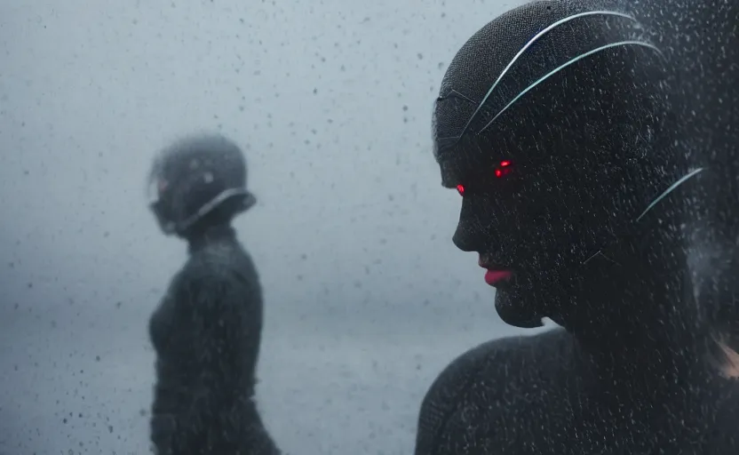 Image similar to cinestill 5 0 d candid photographic portrait by christopher nolan of two loving female androids wearing rugged black mesh techwear in treacherous waters, extreme closeup, modern cyberpunk moody emotional cinematic, pouring rain menacing military helicopter lights, 8 k, hd, high resolution, 3 5 mm, f / 3 2, ultra realistic faces, ex machina