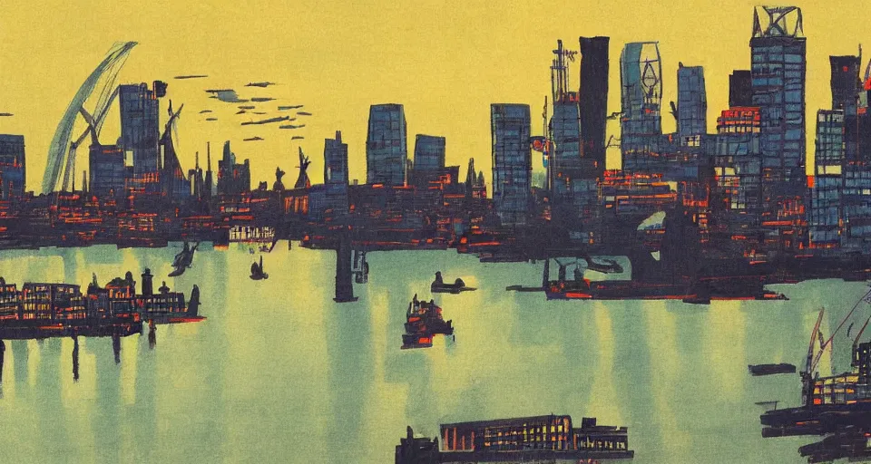 Image similar to color sketch of the london skyline, highly detailed, dramatic lighting, intense shadows, rich deep colours, by feng zikai yun shouping